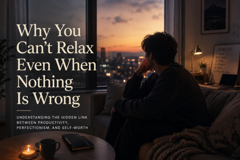 A person sitting on a couch at sunset, unable to relax, with a to-do list and laptop nearby.