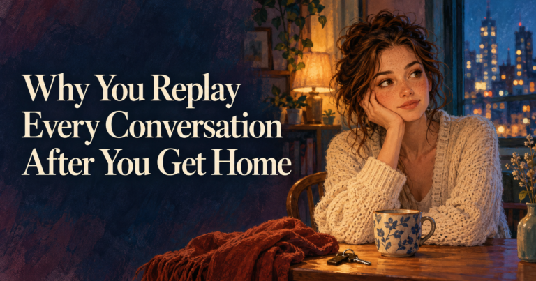 Illustration of a thoughtful young woman sitting by a window at night, reflecting on a conversation after getting home.
